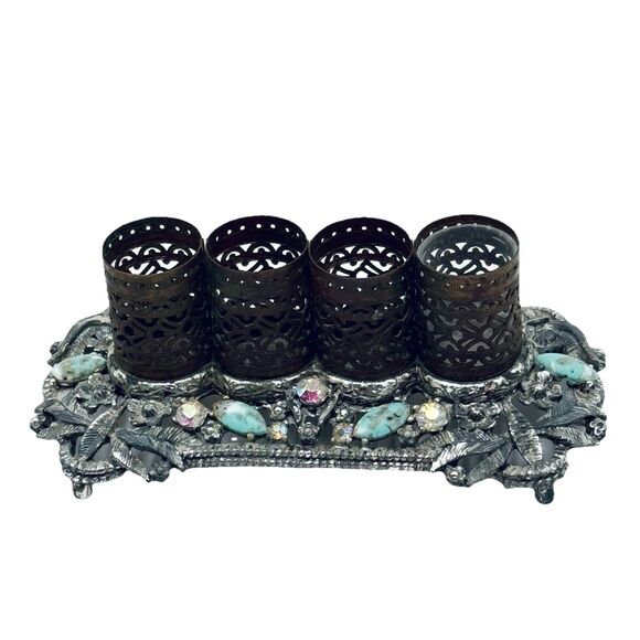 Vintage Sam Fink Jewel Rhinestone & Stone Vanity 4 Lipstick Holder Caddy - Picture 1 of 11